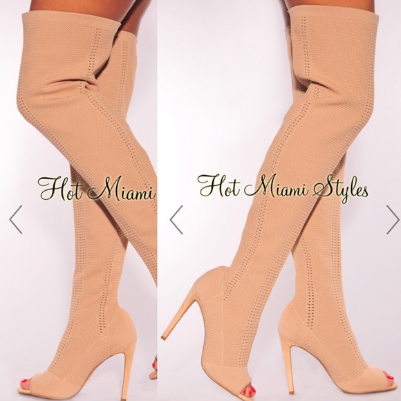 Hot Miami Styles Shoes - Nude Stretchy Knit Thigh-High Peep Toe Boots SZ 6